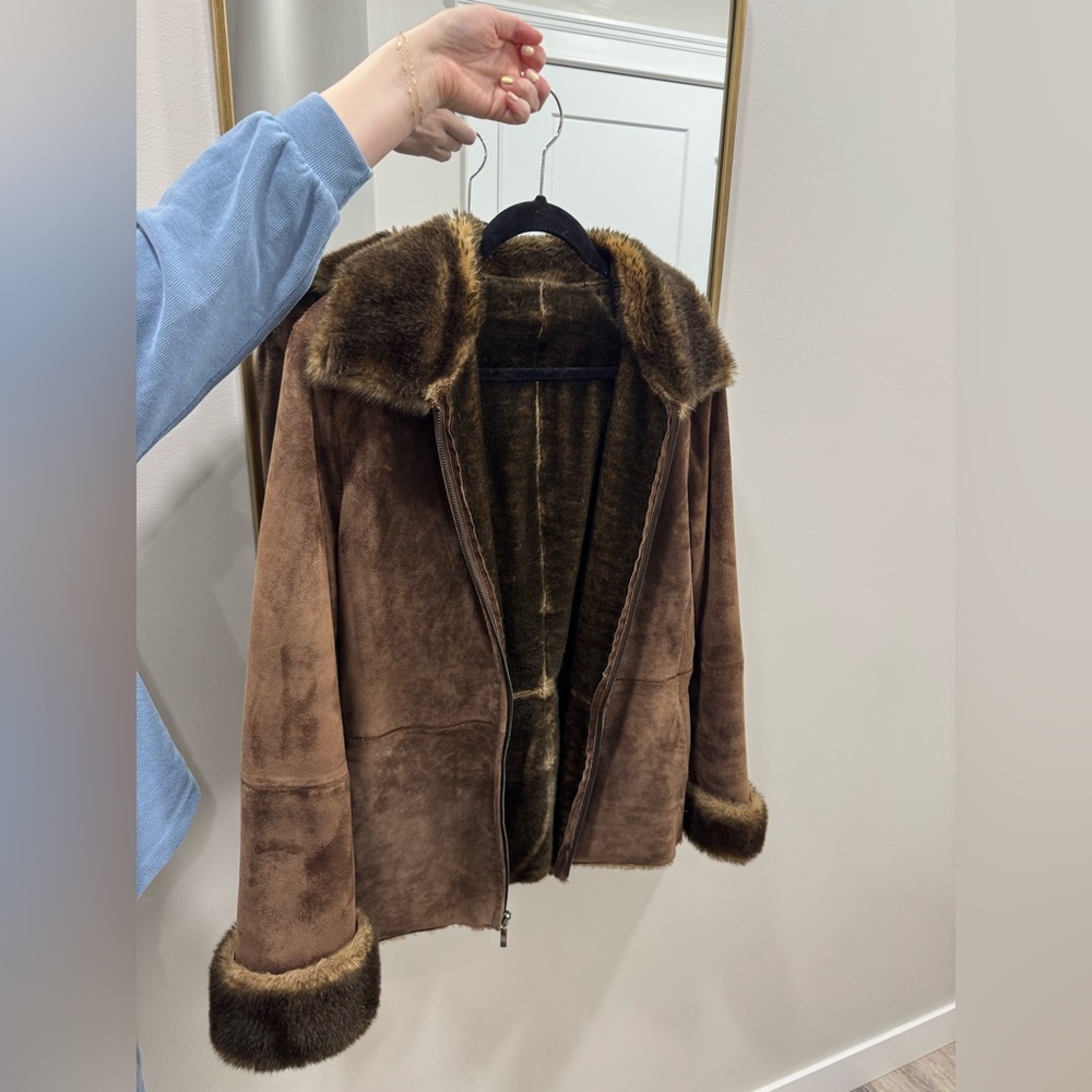 Brown Genuine Leather Faux Fur Lined Jacket